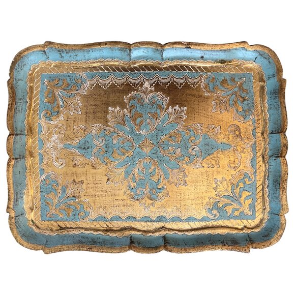 Vtg Florentine Gold Giltwood Tray – Blue & Gold Italian Hollywood Regency Tray - Picture 2 of 10